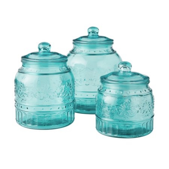 🌺 New Pioneer Woman Cassie Teal Blue Glass Canister, Set of 3 - Picture 5 of 10